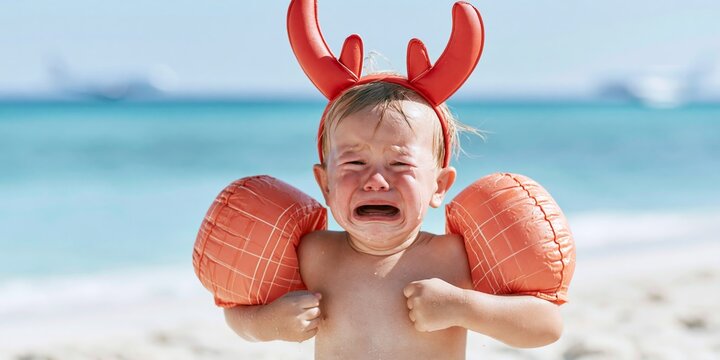 Toddler boy wailing on a sandy tropical beach, wearing inflatable armbands and costume antlers, throwing a vacation tantrum