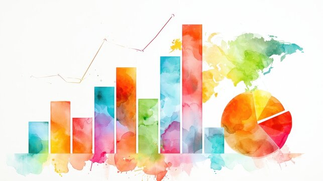 Artistic watercolor corporate performance infographic blending colorful business columns pie charts world geography optimistic financial trends and minimal white background.