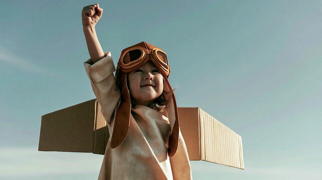 Child in a pilot hat with cardboard wings imagines soaring, celebrating achievement beneath a clear sky