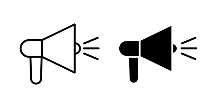 Megaphone icon in outline and solid style, isolated on white background. Ideal for announcement, marketing, promotion, and broadcast related features in mobile and web design.