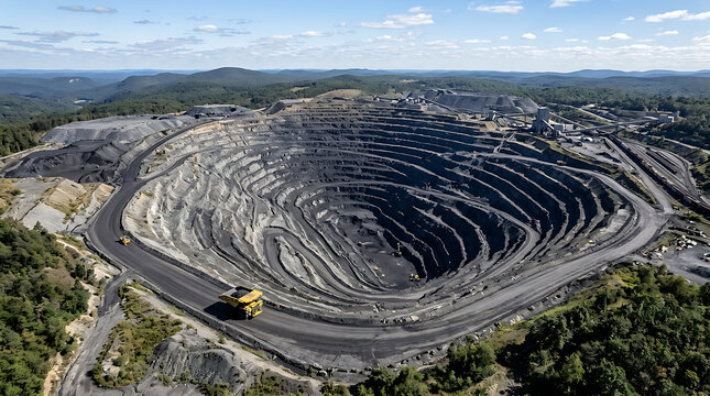 Aerial view of a large open pit coal mine operation.