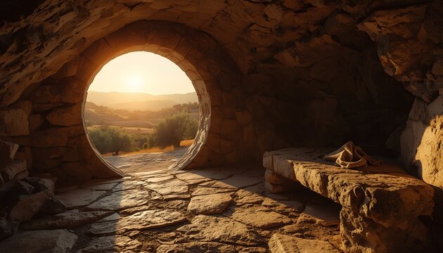 Bright morning sunlight illuminating an empty stone tomb with folded linen cloth, symbolizing Easter resurrection, Christian faith, hope, salvation and sacred new beginnings
