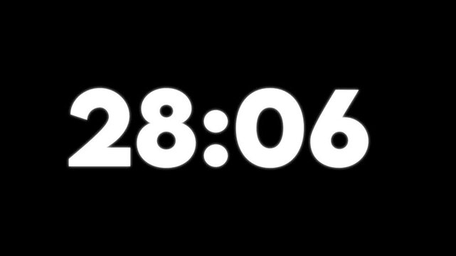 Large white digital clock display showing twenty nine minutes and eight seconds on black background