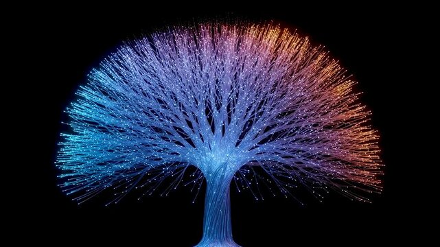 Abstract glowing fiber optic tree of life, pulsing digital light beams, blue and orange neon nature technology concept, neural network data growth background, 3D AI animation