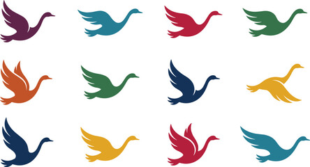 Collection of colorful flying goose silhouettes isolated on a white background, for projects © Rasida
