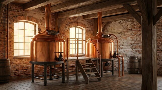 A view of traditional antique brewery equipment featuring large copper brewing vats inside an old rustic brick factory workshop with wooden rafters and barrels.