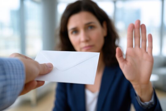 A woman refuses a bribe or a questionable offer with an open palm gesture in a professional setting, conveying integrity and ethical conduct.