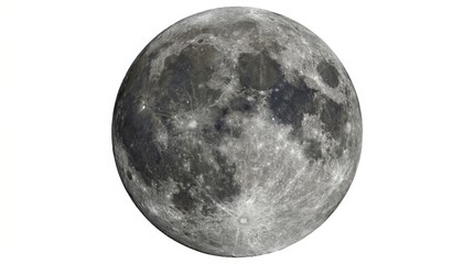 Fototapeta premium Full moon sphere isolated on a white background showing detailed lunar surface craters and realistic gray texture isolated on white background