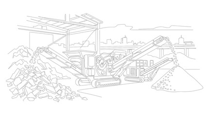 Fototapeta premium Line art illustration of a mobile industrial rock crushing machine processing construction materials.