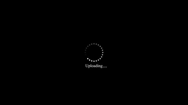 Uploading text with circular dots buffer loading animation on black background