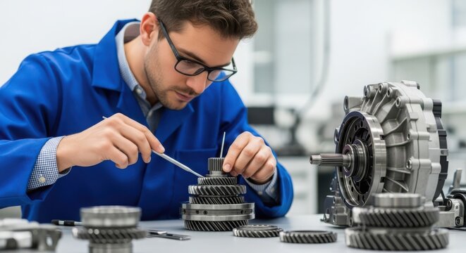 Automotive technology engineer meticulously assembling complex gear system in a modern workshop environment, showcasing precision and expertise