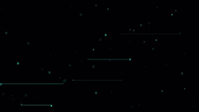 Abstract digital glitch overlay with horizontal lines and noise particles on black background.