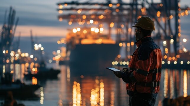 Next generation shipping industry crew displacement productivity increase ethical challenge focus on whimsical Manipulation backdrop industrial harbor at twilight.