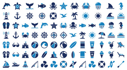 Set of nautical and beach icons, marine life, summer vacation elements, sea travel symbols © kingdom of icon