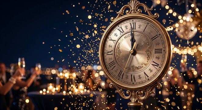 Vintage clock striking midnight with gold confetti at a New Year 2027 party.