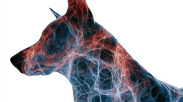 Prompt: An avant-garde minimalist surrealism portrait of threshold guard. A crisp silhouette profile of a three-headed hound is filled with a dreamscape of the Crab Nebula, showcasing complex, 