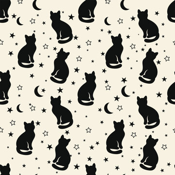 Black Cat Seamless Pattern with Moon and Stars Halloween Background