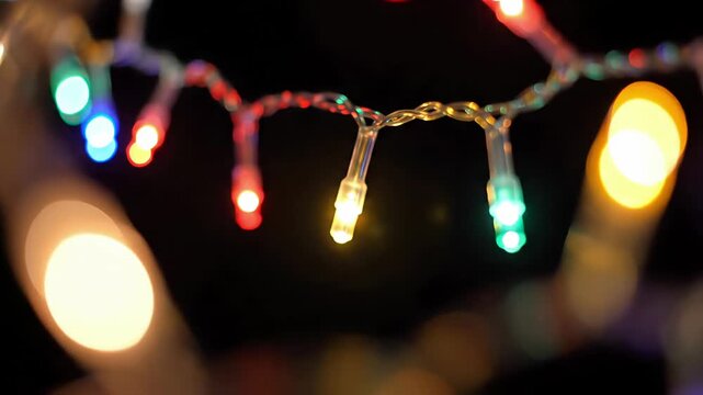 Vibrant colorful LED Christmas lights blinking on a dark background for festive holidays
