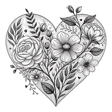 Elegant floral heart shape illustration with roses and leaves