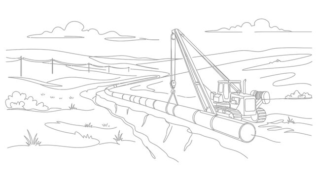 A line drawing of a heavy duty pipe layer crane working on a pipeline construction site.