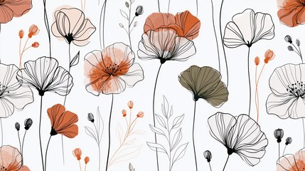 Obraz premium Minimal botanical line pattern with orange poppy flowers and black sketch stems on white for wallpaper, packaging, stationery, and print.