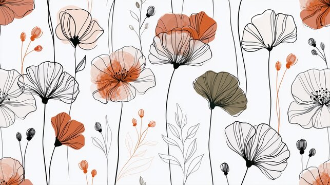 Minimal botanical line pattern with orange poppy flowers and black sketch stems on white for wallpaper, packaging, stationery, and print.

