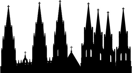Fototapeta premium Gothic cathedral silhouette vector, historic church spires and towers, black religious architecture skyline on white background