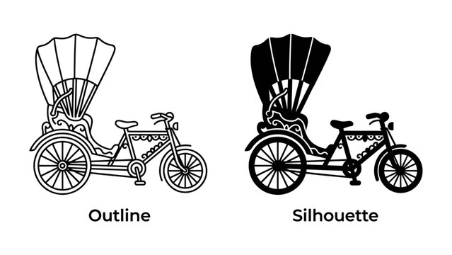 Tuk-Tuk Outline and Silhouette: A clear illustration showcasing both the outline and silhouette of a traditional tuk-tuk, highlighting its unique design and structure.
