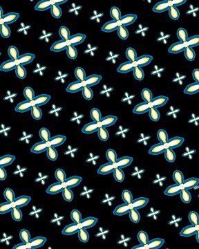 A seamless floral pattern featuring four-petaled flowers scattered randomly across a black background. The flowers have white petals with yellow accents, outlined in blue, while smaller matching flowe