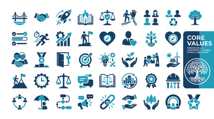 Fototapeta premium Set of business and leadership icons representing core values, corporate culture, and ethical management concepts