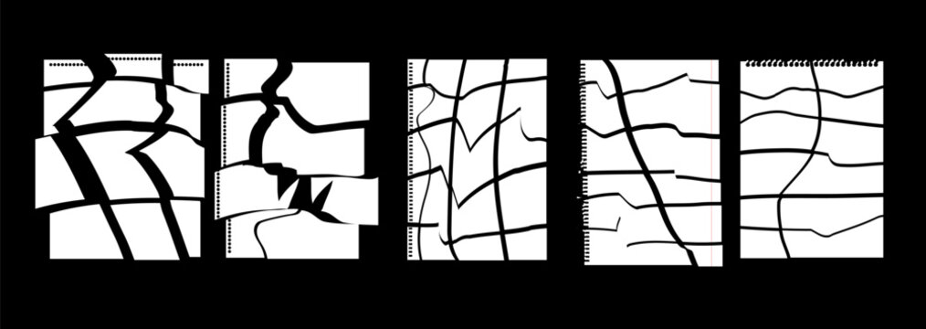 Pieces of ripped paper and sticky notes are scattered on a dark surface. Different shapes and sizes show damage and wear. Some sections are torn, while others remain intact.