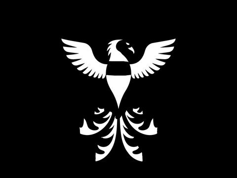 Phoenix bird logo icon, mythical firebird silhouette with spread wings, majestic eagle emblem in black and white vector style