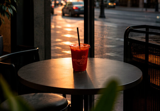 Cafe Table with Clear Plastic Beverage Cup Mockup