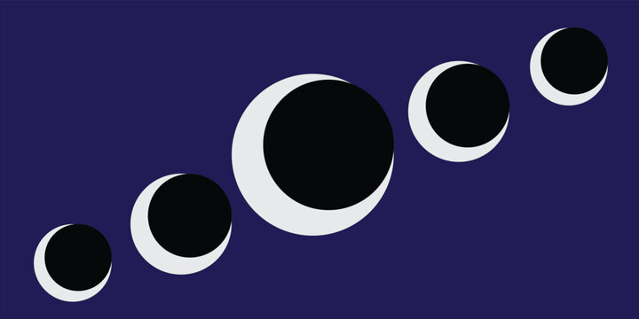 Minimalist vector illustration showing phases of a solar or lunar eclipse with glowing crescents on a dark background.