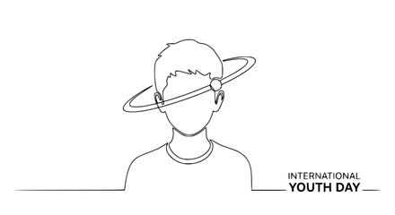 Minimalist Line Art: Boy with Saturn Ring Around Head, International Youth Day Concept © Chichi