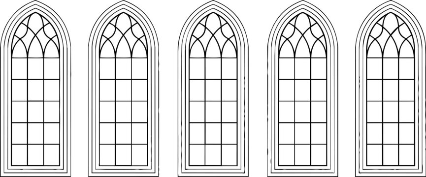 Gothic arched window vector set, medieval church window frames with tracery, vintage cathedral architectural elements for coloring or design
