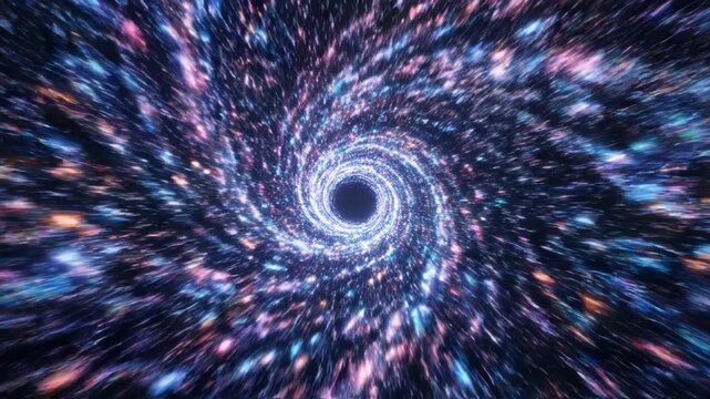 Abstract cosmic vortex of glowing blue and orange neon particles spiraling toward a central black hole against a dark background, featuring light trails and digital energy animation.