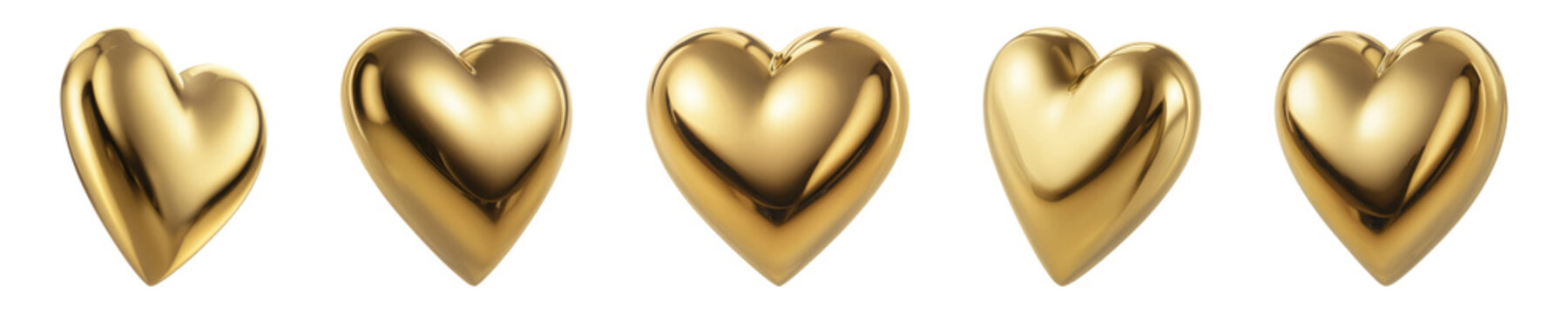 Golden 3D hearts collection, set of 5 metallic heart icons, glossy gold love symbols on white