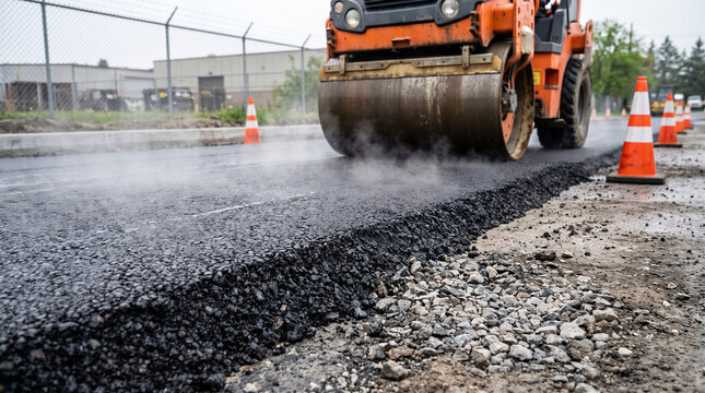 Heavy road roller compacting freshly laid hot asphalt during industrial street resurfacing, infrastructure construction and urban pavement maintenance.