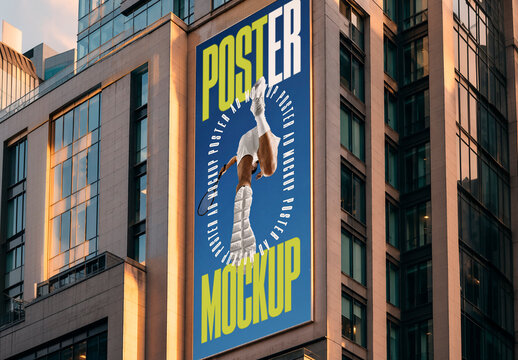 Vertical Billboard on Building Facade Mockup
