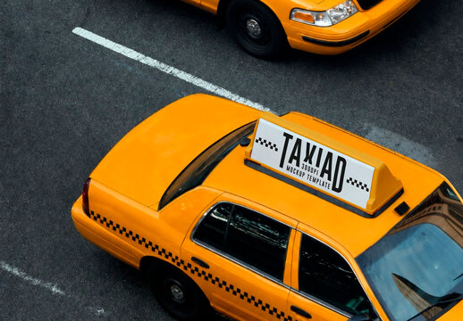 City Street with Taxi Rooftop Advertising Sign Mockup