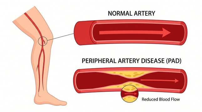 Peripheral Artery Disease PAD medical illustration, normal artery vs blocked blood vessel in leg, anatomical diagram of reduced blood flow and plaque