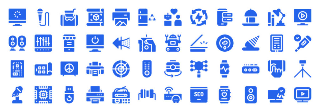 Blue flat icon collection for digital audio, visual media, and computer hardware components