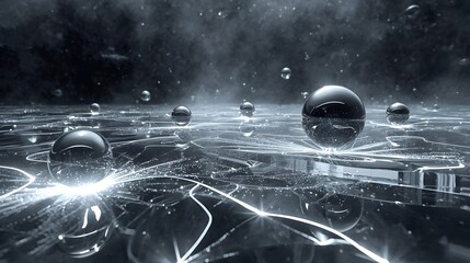 Fototapeta premium Abstract Dark Metallic Spheres and Light Ray Lines Concept Background for Tech