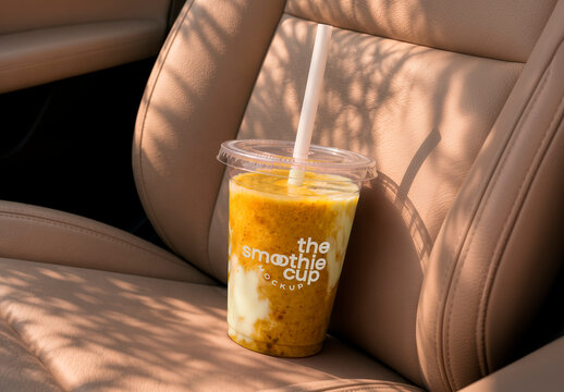 Transparent Smoothie Cup on Car Seat Mockup
