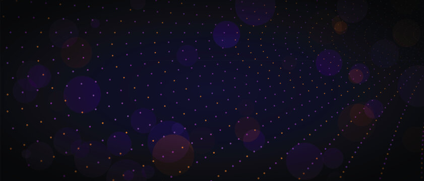 Dark cosmic scene with glowing dots and blurred light spots on deep space backdrop