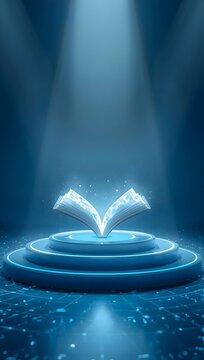 3D render of glowing open digital book on futuristic circular podium with overhead spotlight