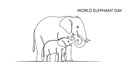 Naklejka premium World Elephant Day: Mother and Baby Elephant Line Art Illustration