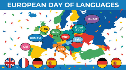 Naklejka premium Colorful Europe map with circular flag icons for linguistics.