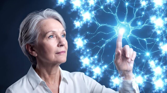 Mature woman interacting with glowing neural network visualization. Senior female scientist touching digital neuron interface in dark laboratory. Lockdown medium shot.